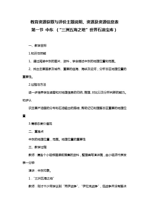 数字教育资源获取与评价主题说明、资源及资源信息表  第一节 中东 (“三洲五海之地”世界石油宝库)