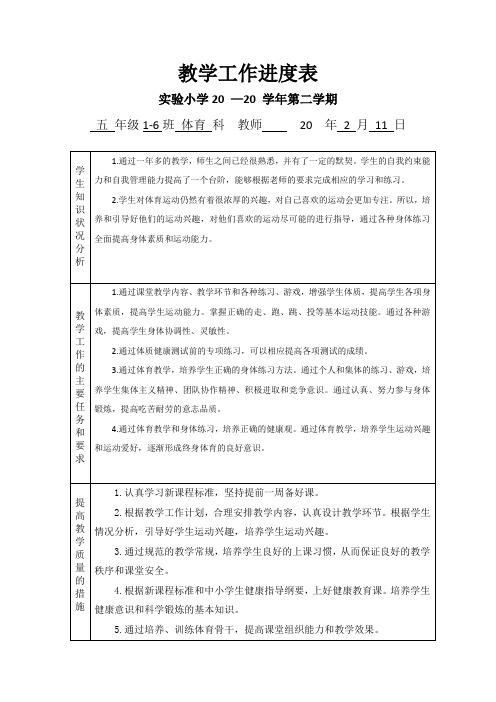 体育五年级下册教学工作进度表