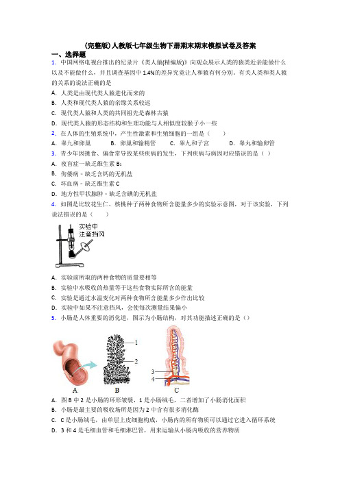 (完整版)人教版七年级生物下册期末期末模拟试卷及答案