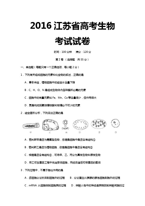 2016江苏省高考生物考试试卷