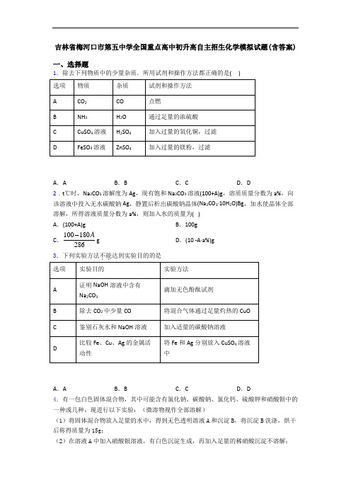 吉林省梅河口市第五中学全国重点高中初升高自主招生化学模拟试题(含答案)