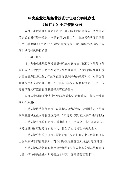 中央企业违规经营投资责任追究办法》学习总结