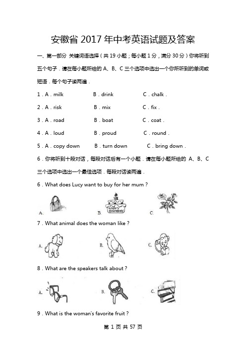 2017年安徽省中考英语试题及答案