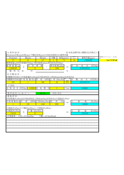 精密模具五金冲压成本计算模板