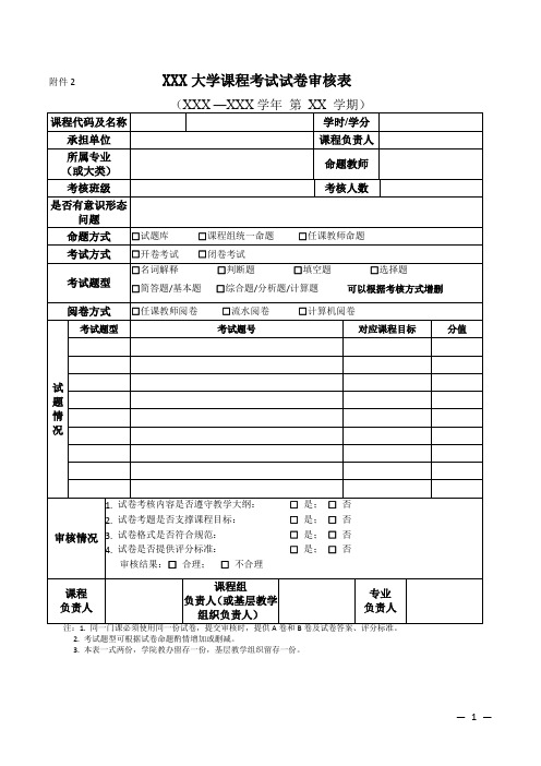 大学课程考试试卷审核表