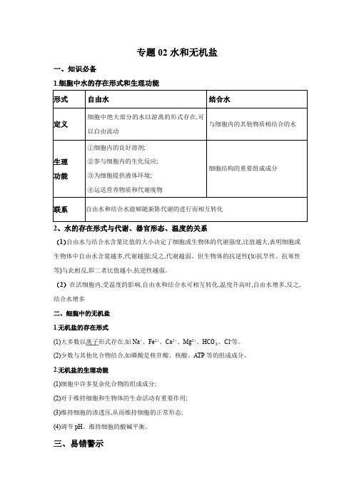 高中生物专题02 水和无机盐(原卷版)