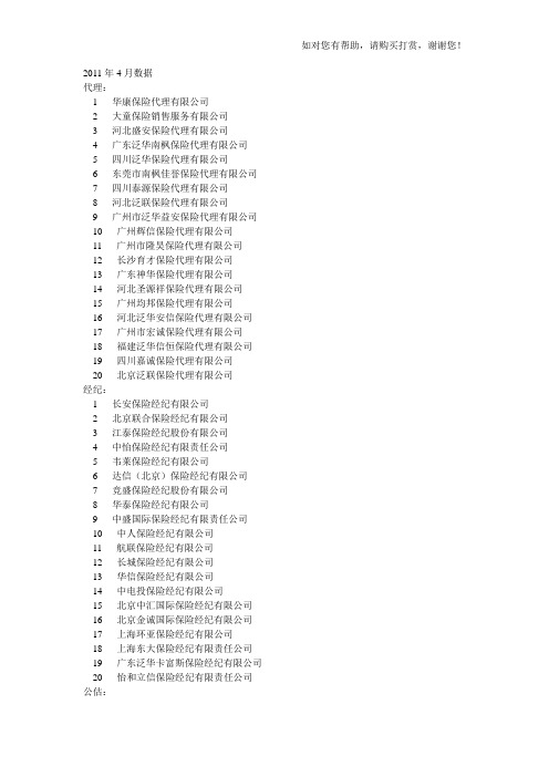 国内排名前二十位的保险经纪公司保险代理公司和保险公估公司的列表