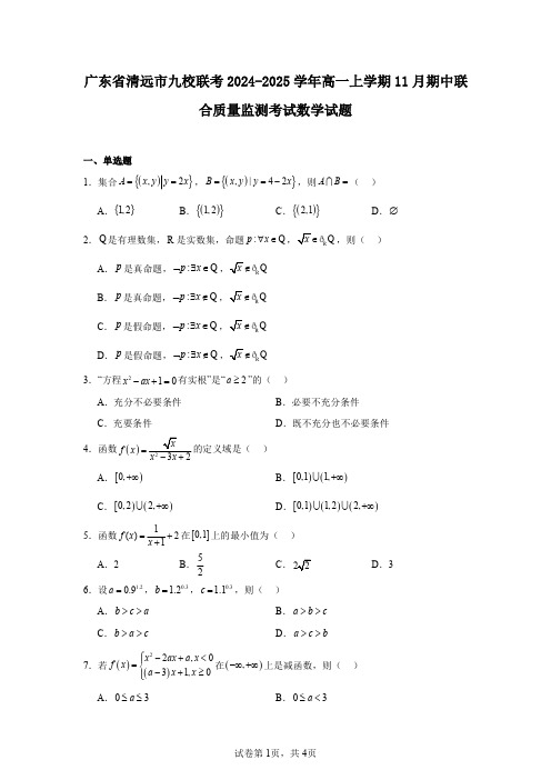 广东省清远市九校联考2024-2025学年高一上学期11月期中联合质量监测考试数学试题