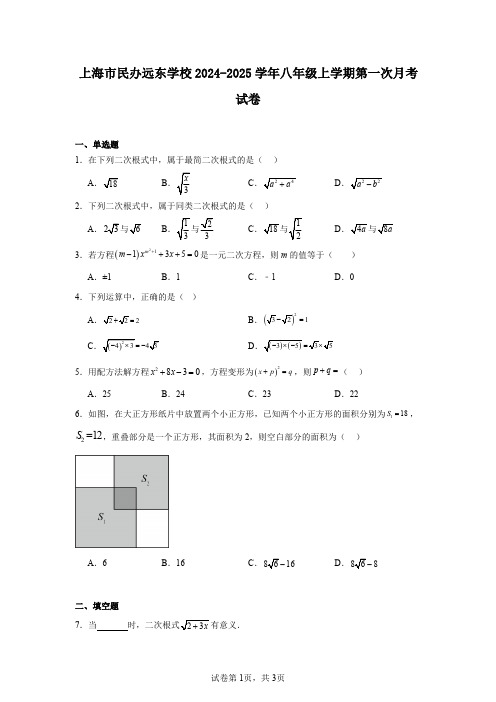 上海市民办远东学校2024-2025学年八年级上学期第一次月考试卷