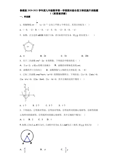 鲁教版2020-2021学年度九年级数学第一学期期末综合复习培优提升训练题1(附答案详解)