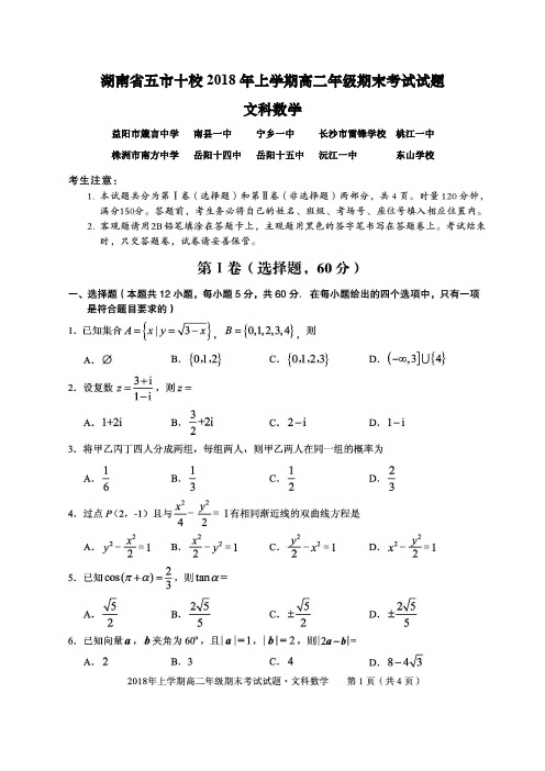 湖南省五市十校2019届高三(高二下期期末)摸底考试文科数学(含答案)(2018.07)