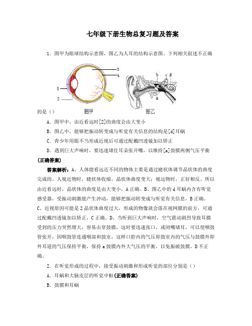 七年级下册生物总复习题及答案