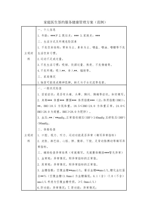 家庭医生签约服务健康管理方案范例