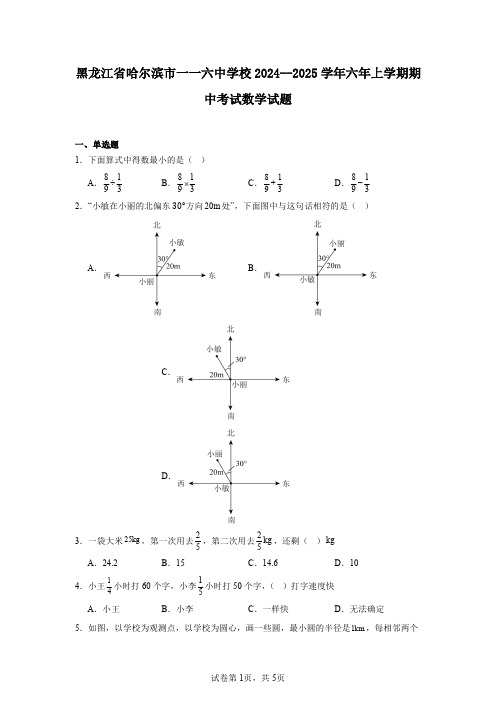 黑龙江省哈尔滨市一一六中学校2024--2025学年六年上学期期中考试数学试题