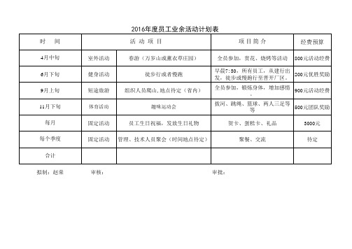 2016年度员工业余活动计划表