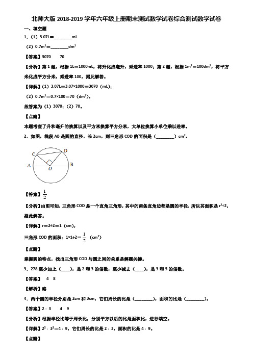 北师大版2018-2019学年六年级上册期末测试数学试卷综合测试数学试卷含解析