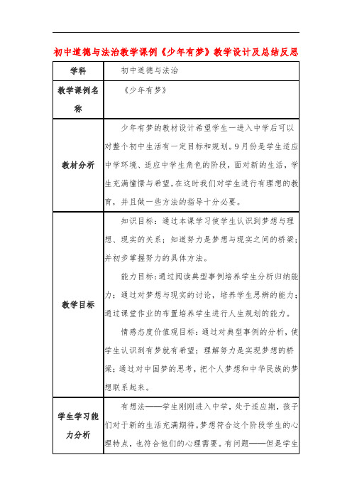 初中道德与法治教学课例《少年有梦》教学设计及总结反思