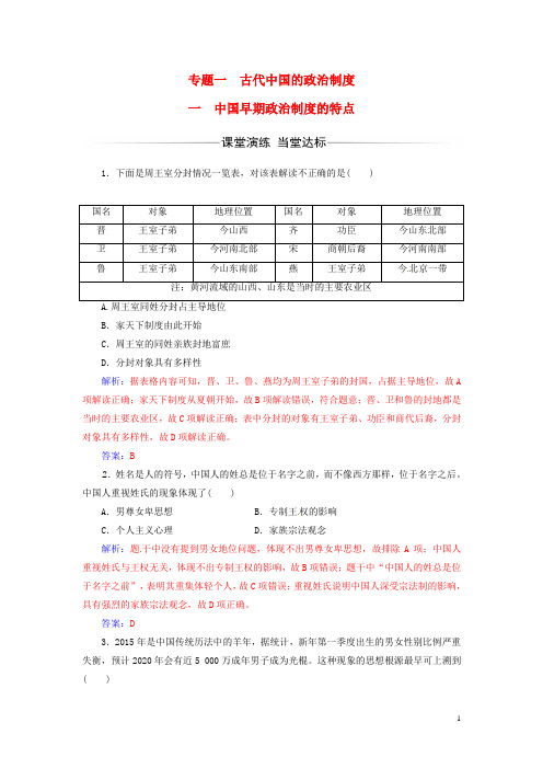 高中历史专题一古代中国的政治制度一中国早期政治制度的特点练习人民版必修1