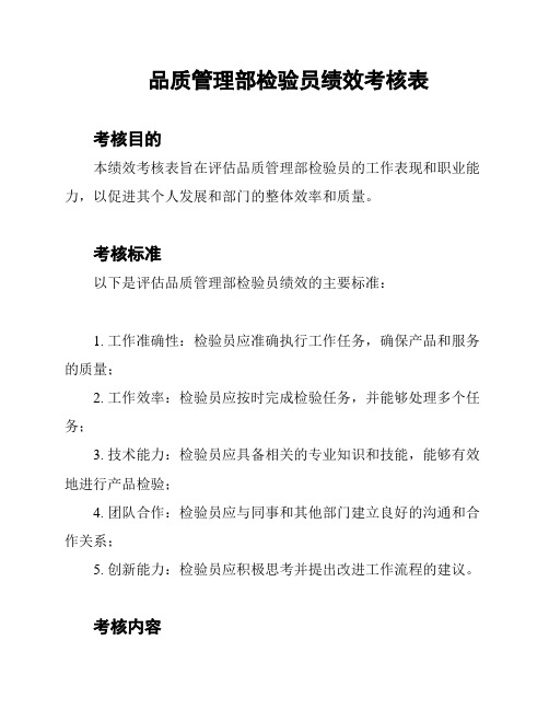 品质管理部检验员绩效考核表