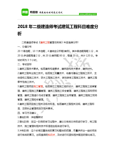 2018年二级建造师考试建筑工程科目难度分析