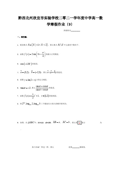 欣宜市实验学校二零二一学年度高一数学寒假作业9 试题