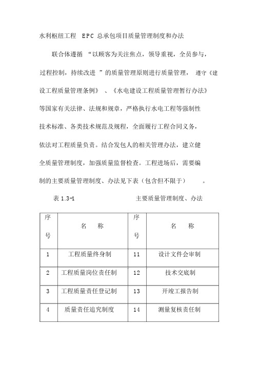 水利枢纽工程EPC总承包项目质量管理制度和办法