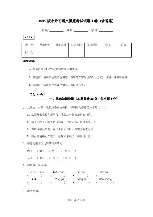 2019版小升初语文摸底考试试题A卷 (含答案)