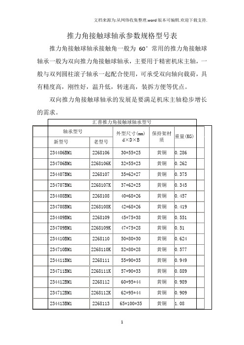 推力角接触球轴承参数规格型号表