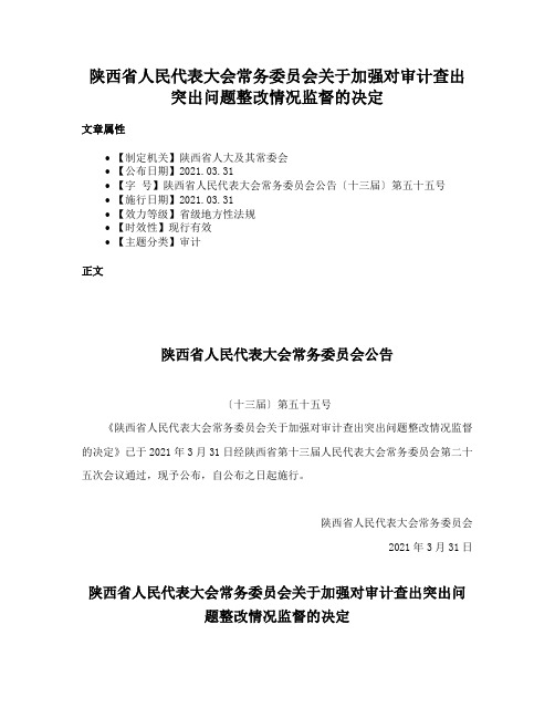 陕西省人民代表大会常务委员会关于加强对审计查出突出问题整改情况监督的决定