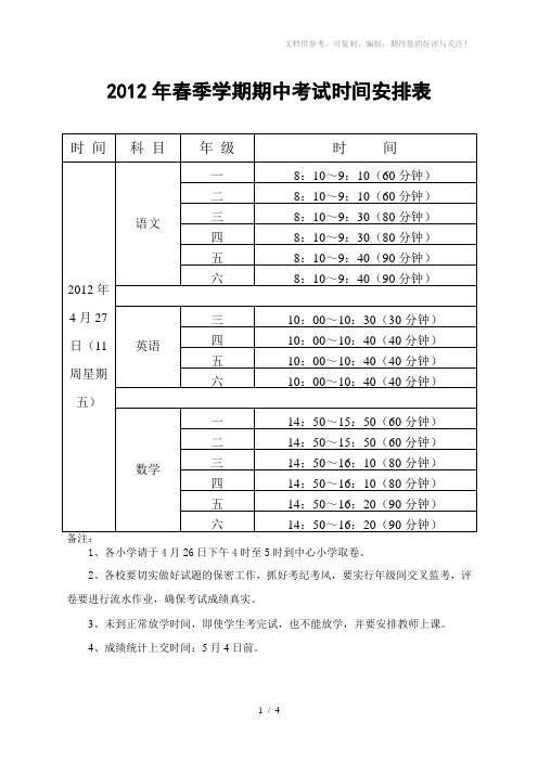 2012年春季学期期中考试时间安排表