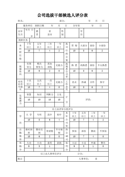 公司选拔干部候选人评分表(标准版)