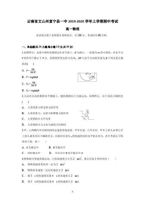 云南省文山州富宁县一中2019-2020学年高一上学期期中考试物理试题含答案 