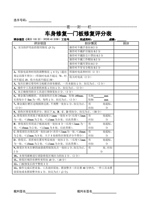 车身修复-门板修复评分表