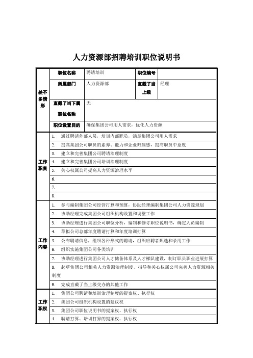 人力资源部招聘培训职位说明书