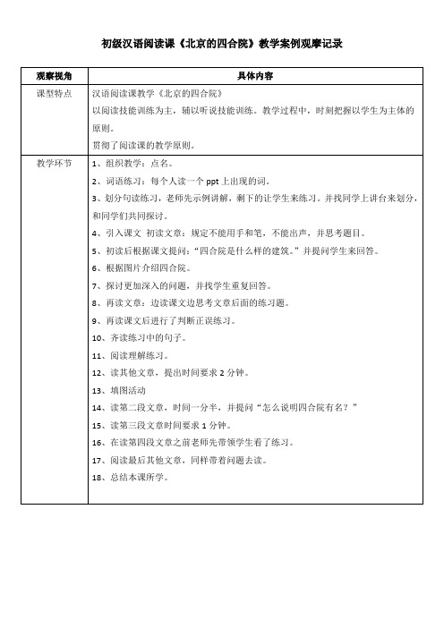 初级汉语阅读课《北京的四合院》教学案例观摩记录