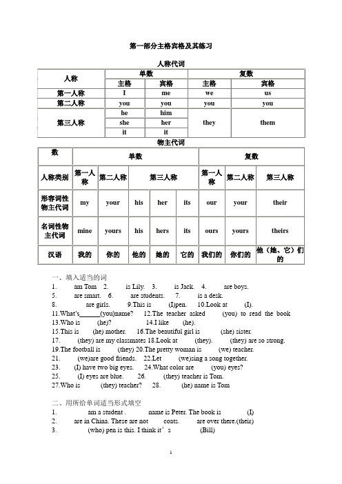 (完整版)英语主格宾格_形容词性物主代词及名词性物主代词练习题