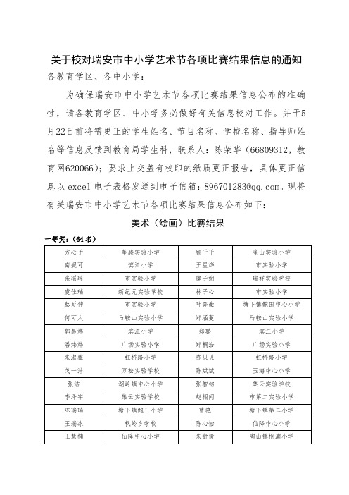 关于校对瑞安市中小学艺术节各项比赛结果信息的通知