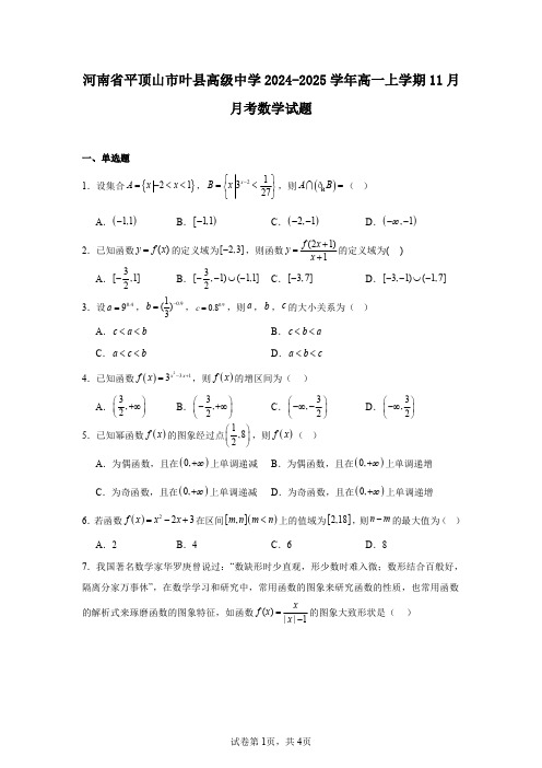 河南省平顶山市叶县高级中学2024-2025学年高一上学期11月月考数学试题