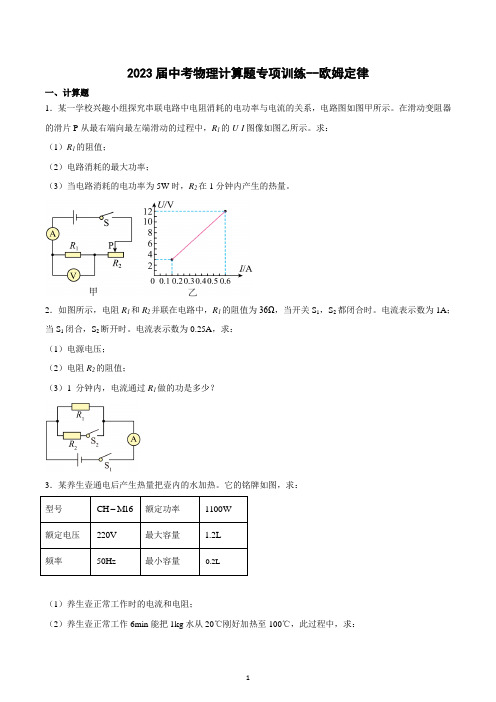 2023年中考物理计算题专项训练--欧姆定律