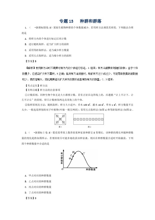 2019年高考生物题汇编13--种群和群落