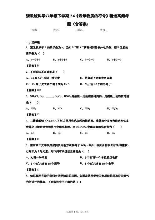 浙教版科学八年级下学期2.6《表示物质的符号》精选高频考题(含答案)