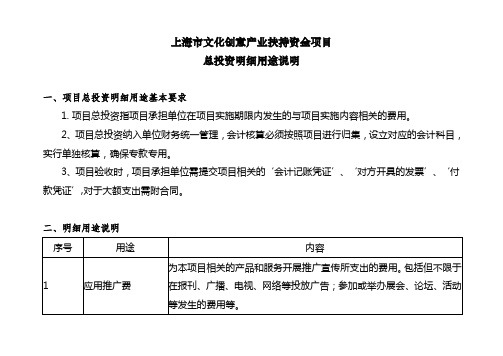 上海市文化创意产业扶持资金项目总投资明细用途说明