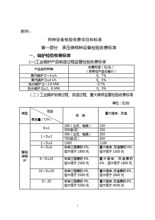 特种设备检验收费项目和标准