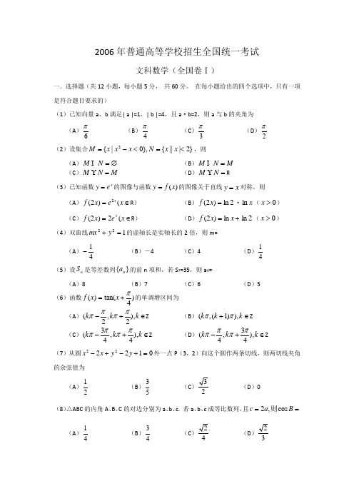 2006年高考文科数学(全国)卷Ⅰ