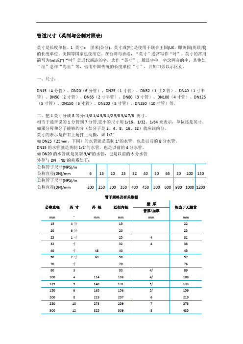 管道英制与公制对照表