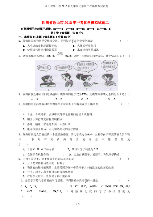 四川省乐山市九年级化学第二次模拟考试试题