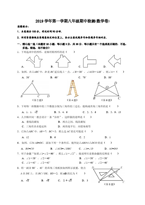 2019学年第一学期八年级期中检测(试卷)