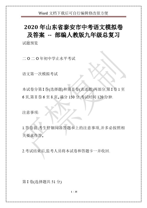 2020年山东省泰安市中考语文模拟卷及答案 -- 部编人教版九年级总复习