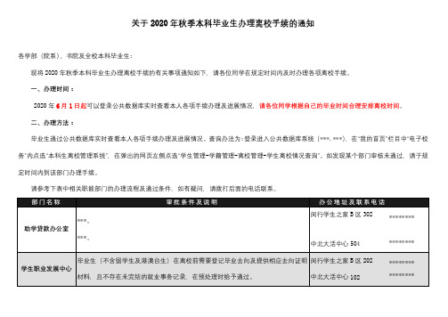 关于2020年秋季本科毕业生办理离校手续的通知【模板】