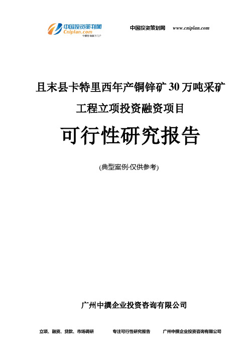 且末县卡特里西年产铜锌矿30万吨采矿工程融资投资立项项目可行性研究报告(中撰咨询)